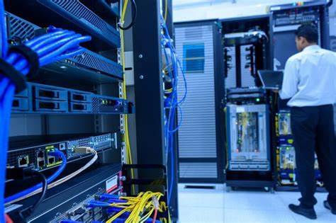 Infraestructura tecnológica de un edificio inteligente mostrando servidores con luces azules